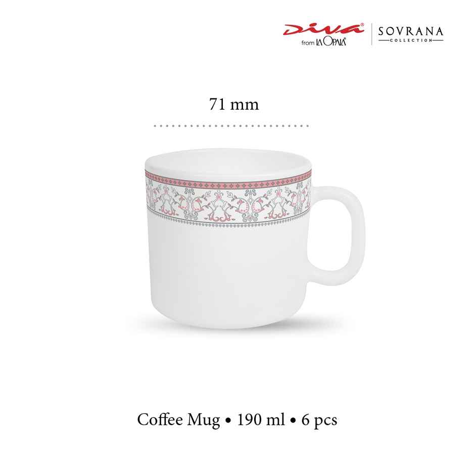 La Opala Diva Sovrana Coffee Mug 190 ml Set of 6 Moroccan Pink Opal Glass Mugs for Coffee, White