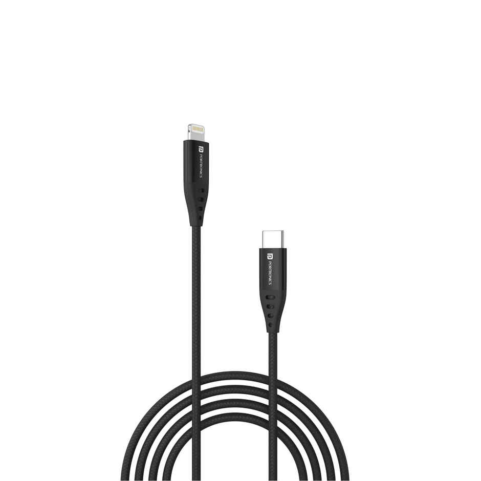 Portronics Konnect L1 20W Type C to 8 Pin Quick Charging Cable with Nylon Braided, Metal Heads, 1 M Length - Black