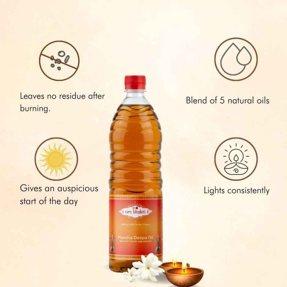 Om Bhakti - Pancha Deepa Oil(1l) & Om Bhakti Wick for Diya - Cotton Long Batti(75pc) Combo