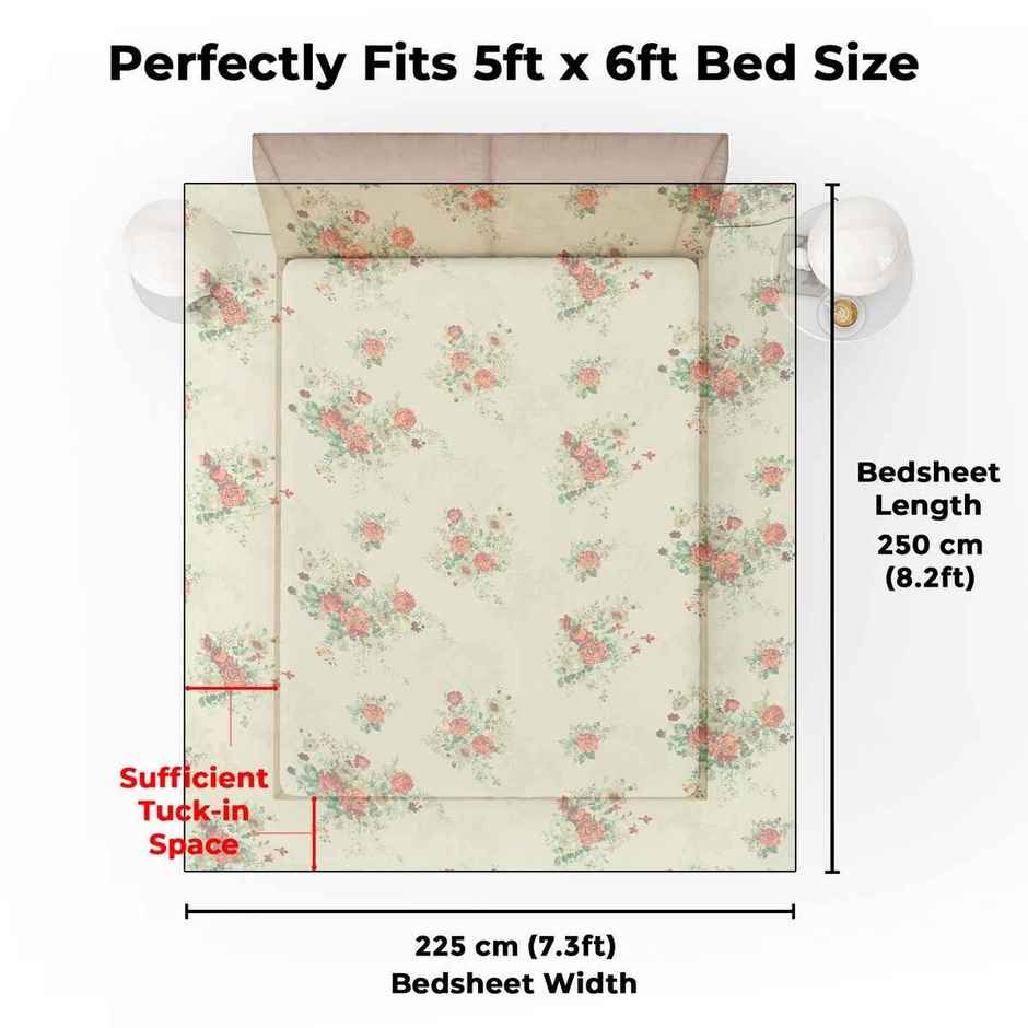 Story@home 144 TC Cotton Double Printed Flat Floral Bedsheet | Cream & Orange | 98 x 89 in