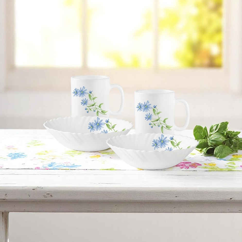 La Opala Diva Classique Breakfast Set of 4 | Opal Glass Coffee Mug & Bowl for Gifting - Blue Daisy