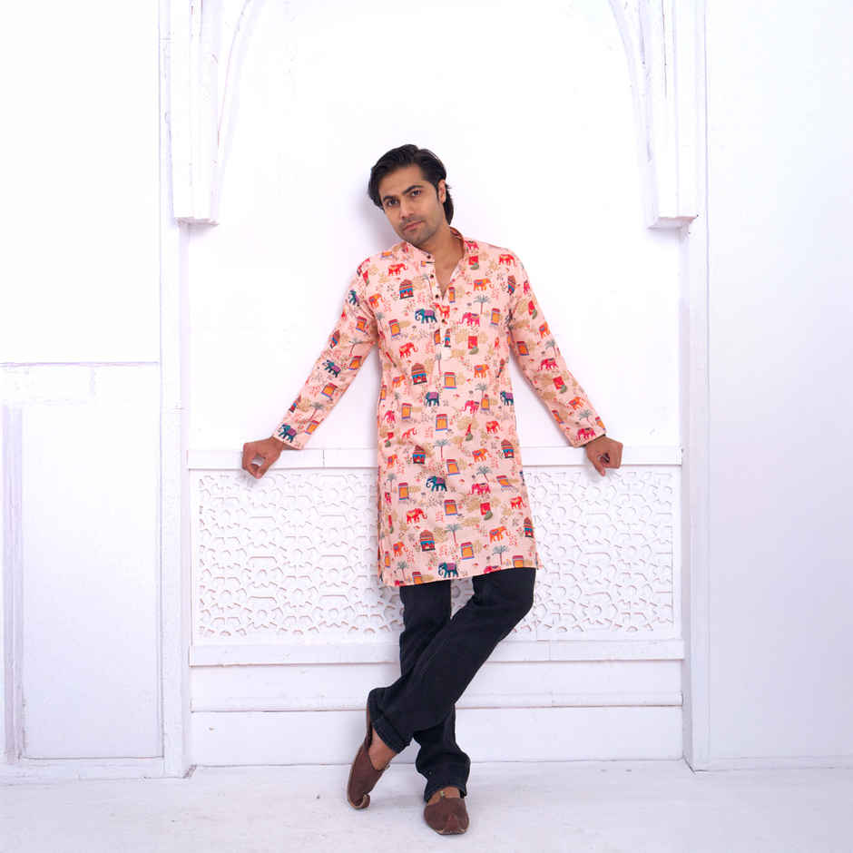 House Of Festivals Men's Printed Cotton Blend Ethnic Design Long Kurta | Multicolor - L