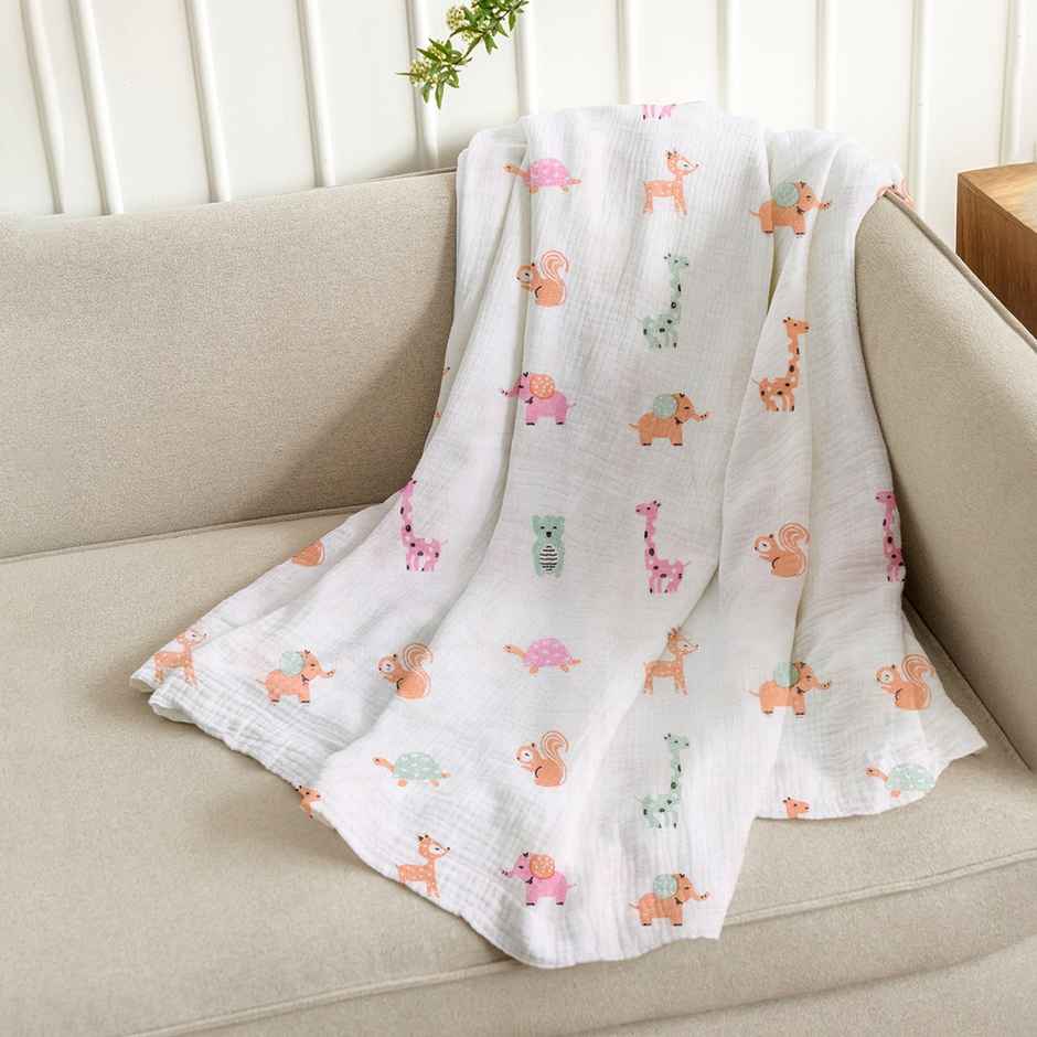 Momshome Organic Cotton Baby Muslin Swaddle | 100X100 Cm | Pack Of 1 | Cute Jungle