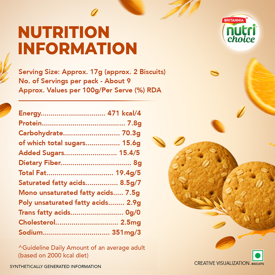 Britannia Nutrichoice Oats Orange & Almond Biscuits | Maida-free and Trans Fat-free
