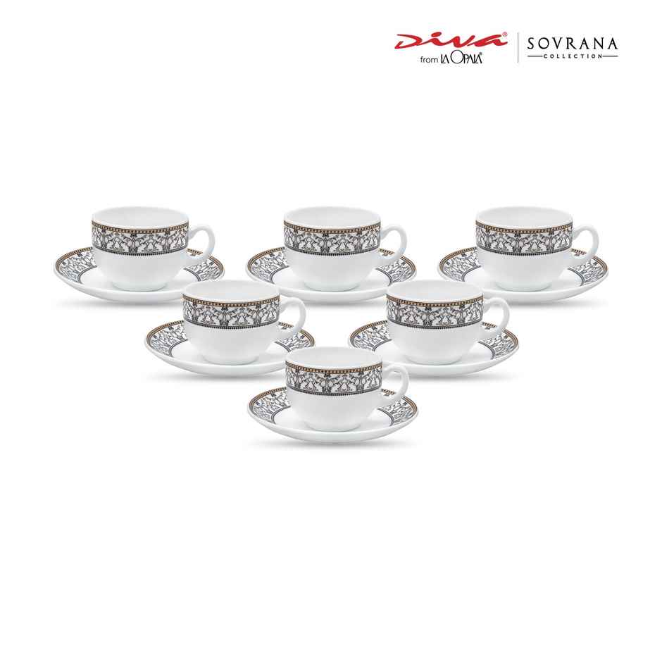 La Opala Diva Sovrana Cup & Saucer 160 ml Set of 12 Moroccan Gold Opal Glass Cups for Tea, White