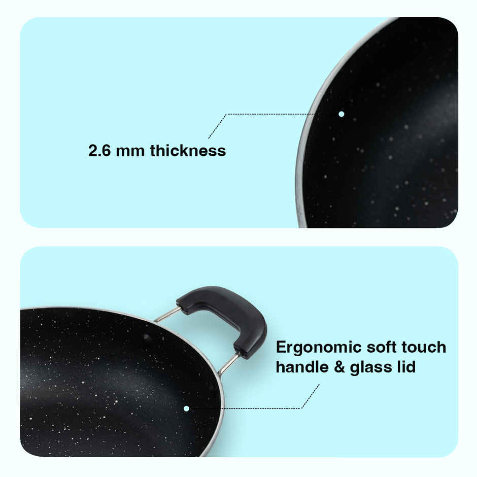 BAY6 Nonstick Kadai | 24 cm | Grey | Glass Lid | Non-Induction