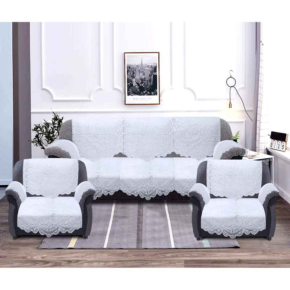 Kuber Industries Circle Design Cotton Sofa Cover | 3 Seater & 2 Seater | 6 Piece Arms Cover|White