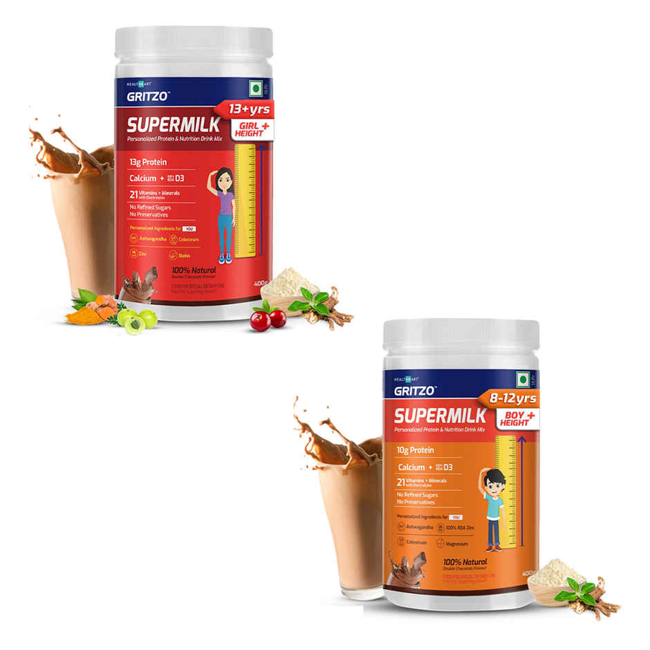 Gritzo Supermilk Height+ (8-12Y Boys), 10G Protein (Double Chocolate) (400g) & Gritzo Supermilk Chocolate Drink Mix | For +13 Years Kids (400g) Combo