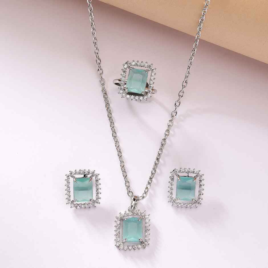Zeneme Rhodium Plated Sea Green AD Studded Princess Cut Crytsal Necklace Earring Ring For Women