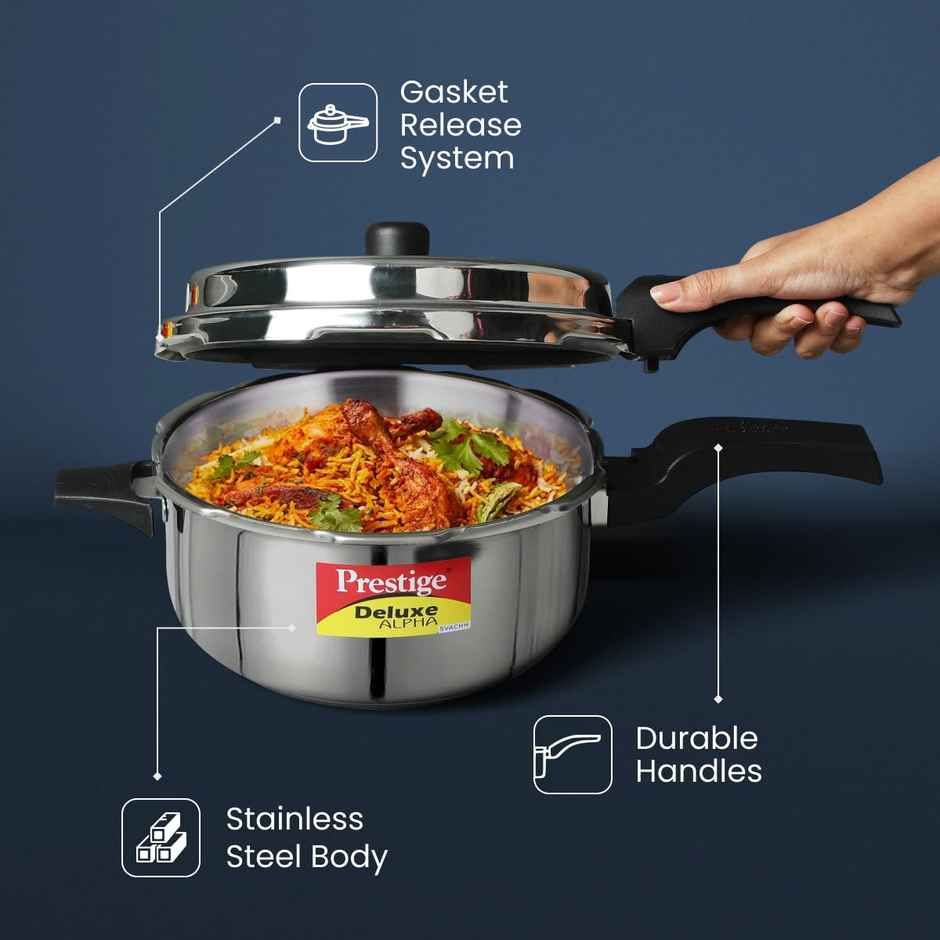 Prestige Deluxe Alpha Svachh Steel Deep Pan Pressure Cooker With Unique Deep Lid Which 5 L Silver