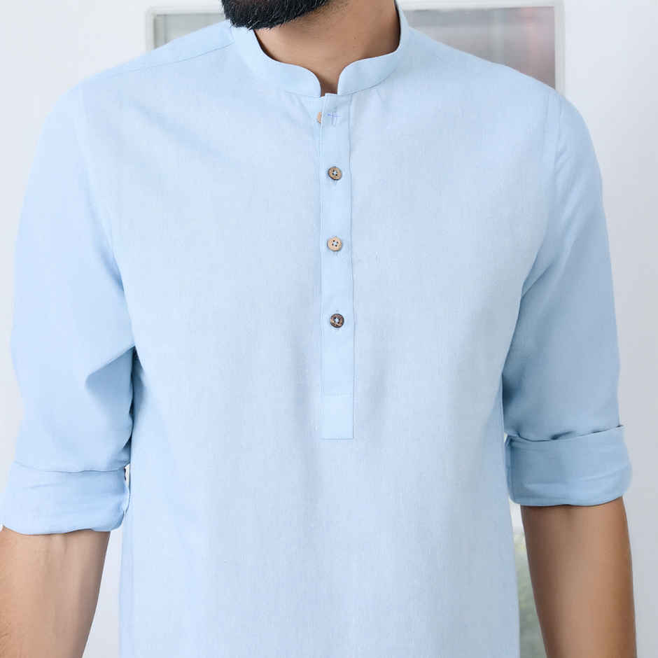 See Designs Men's Solid Cotton Short Kurta | Light Blue - XL