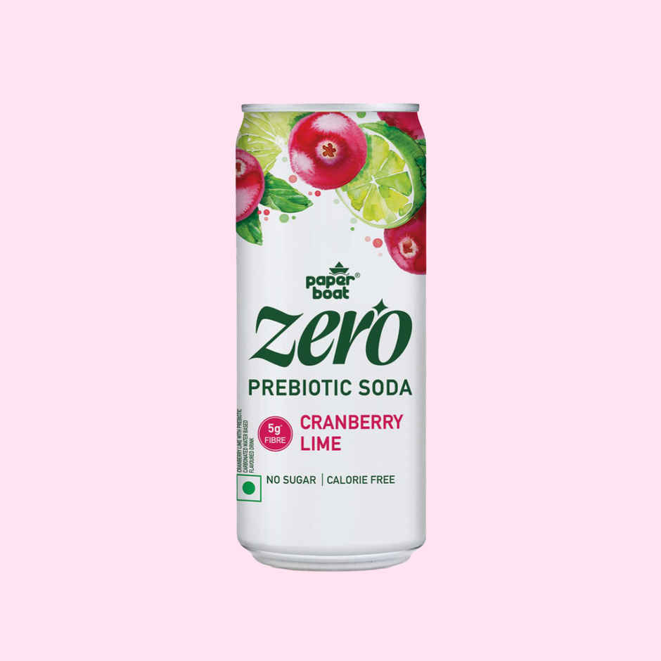 Paper Boat Zero Prebiotic Soda Cranberry Lime, 5g Fibre, Caffeinated Sugar Free Cold Drink
