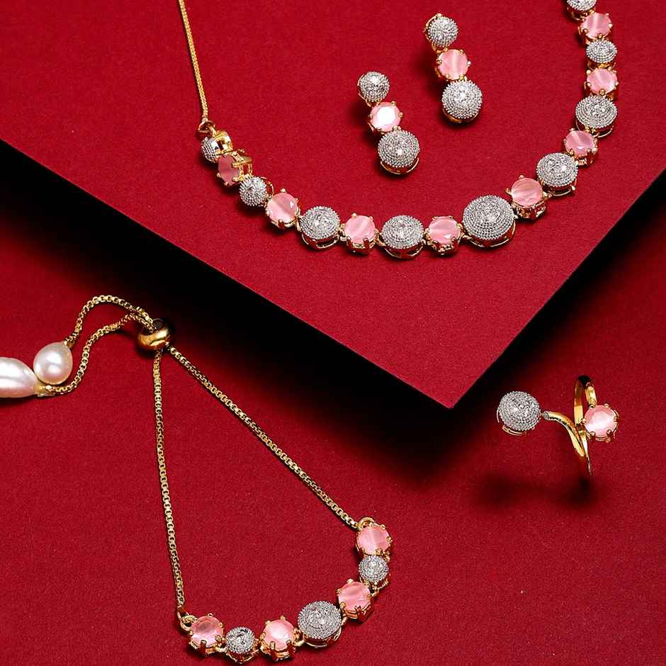 Zeneme Gold-Plated Pink & White American Diamond Studded Jewellery Set For Women & Girls