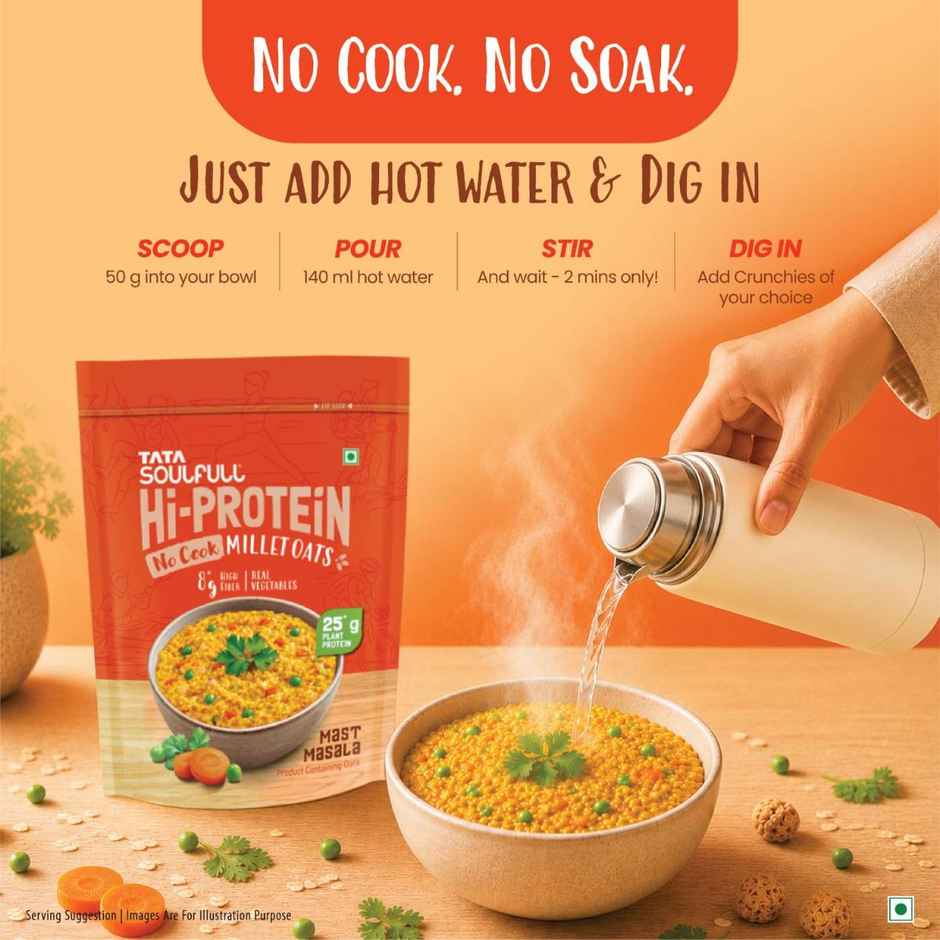 Tata Soulfull No Cook Millet Hi Protein Masala Oats with Real Vegetables, 25g Plant Protein