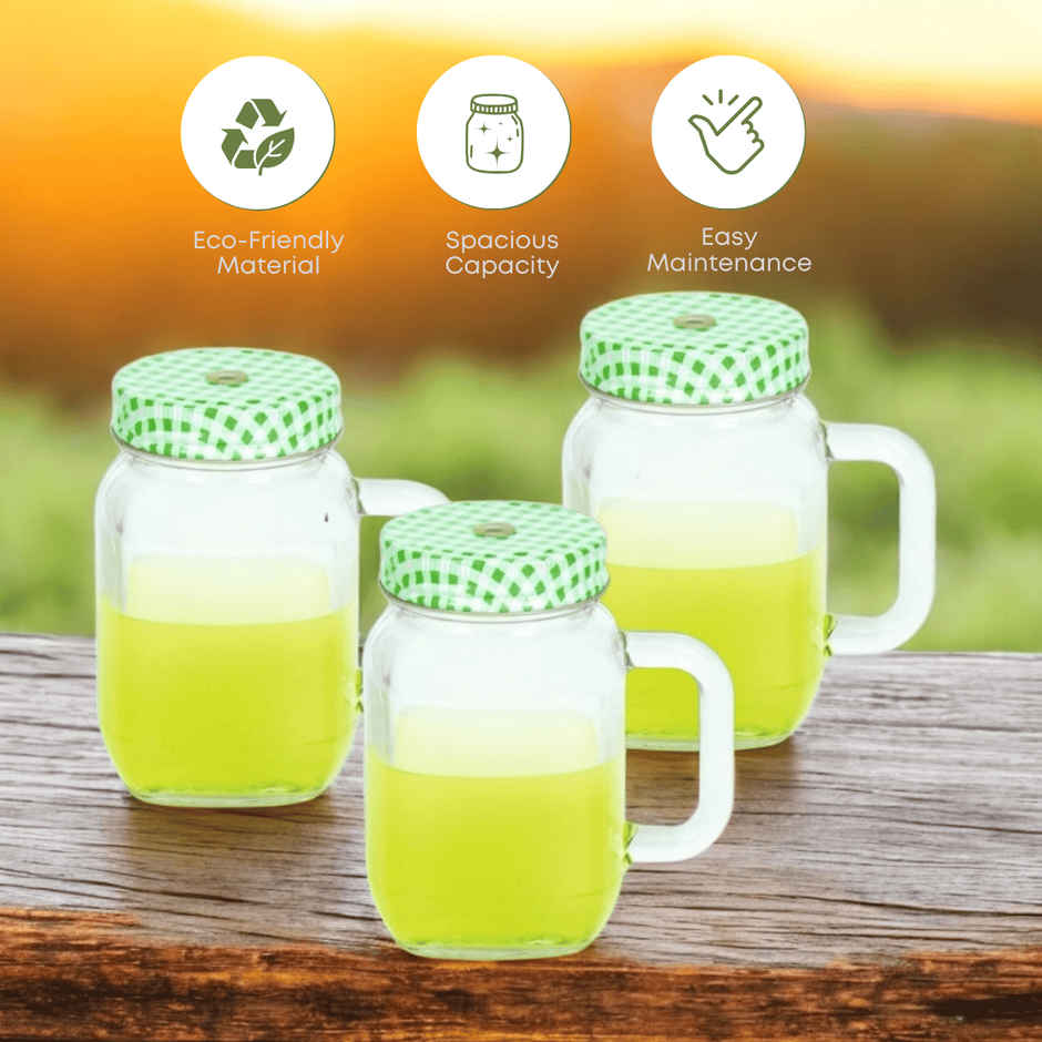 Yera Magnus Glass Mason Jar 440 ml (Each) 1 pcs Green Cap With Hole For Straw