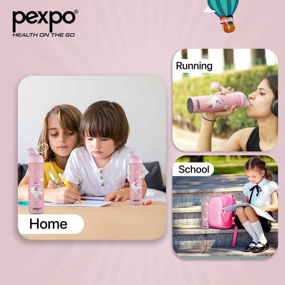 Pexpo Stainless Steel Pico Cute Sipper Hot & Cold Water Bottle | Unicorn UV Printed | Pink | 500 ml