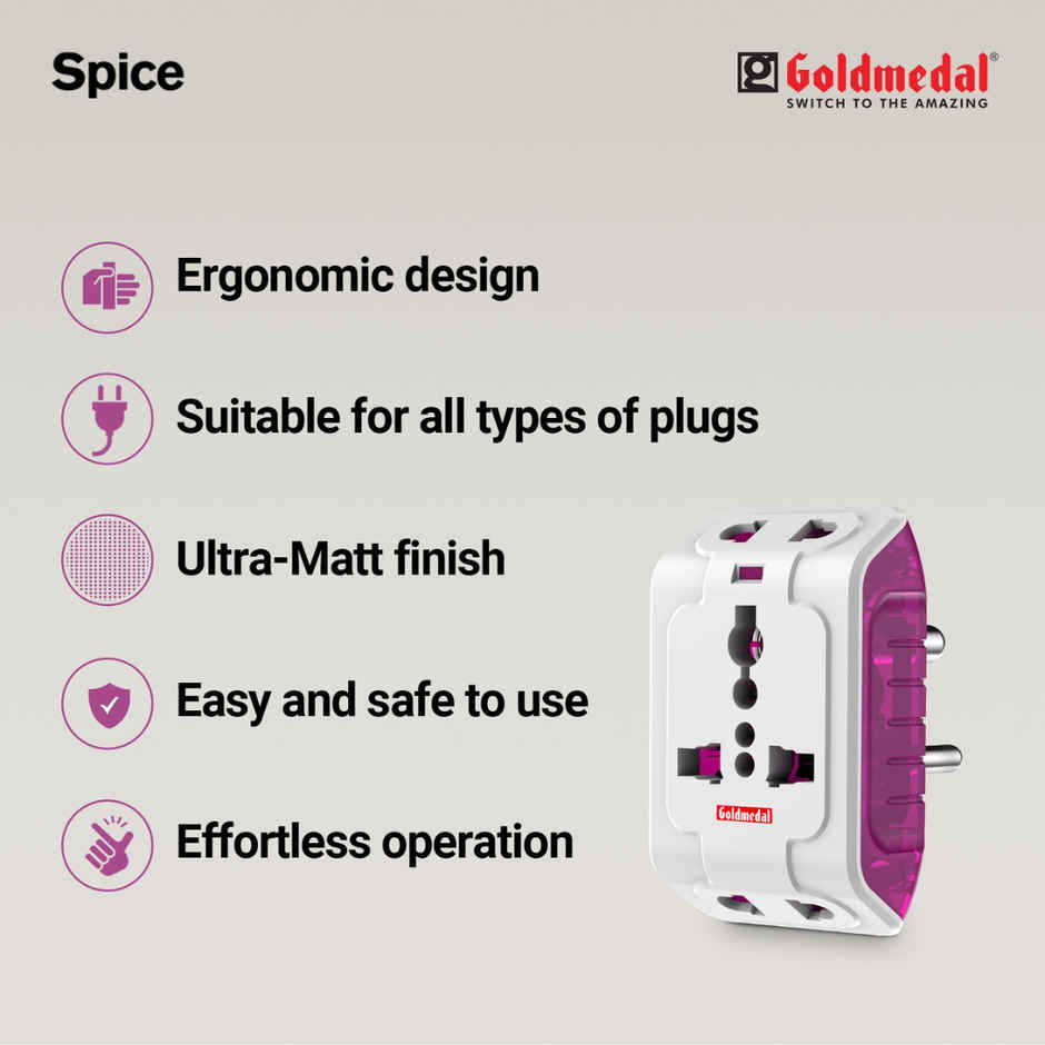 Goldmedal Spice 3 Pin 240V Multi Plug Socket LED Indicator | Supports 2&3-Pin Plugs