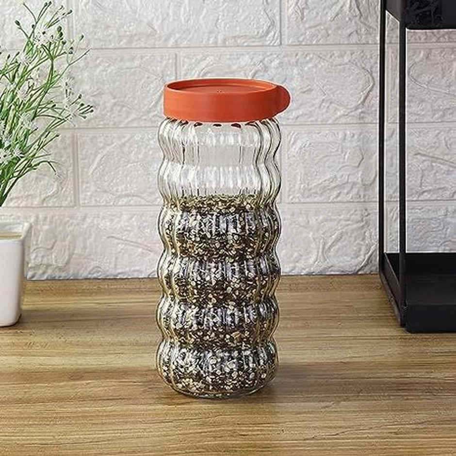 Femora Kitchen Storage Jars Clear Glass With Plastic Stackable Lid Jar, 1000 ml, Pack Of 2