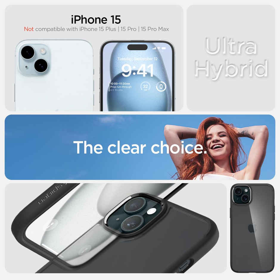 Spigen Ultra Hybrid Back Cover Case Compatible with iPhone 15 (TPU + Poly Carbonate | Matte Black)