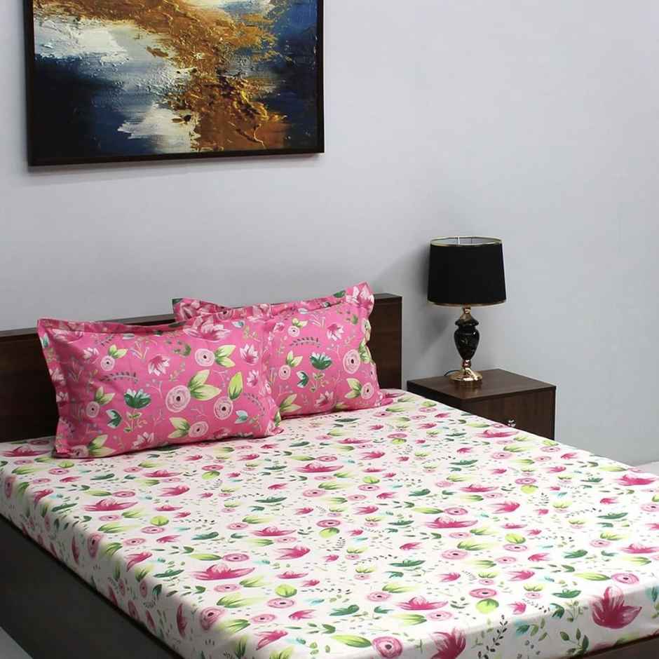 Bombay Dyeing Ivyrose 110 Tc 100% Cotton Queen Bedsheet With 2 Pillow Covers - Pink Olive