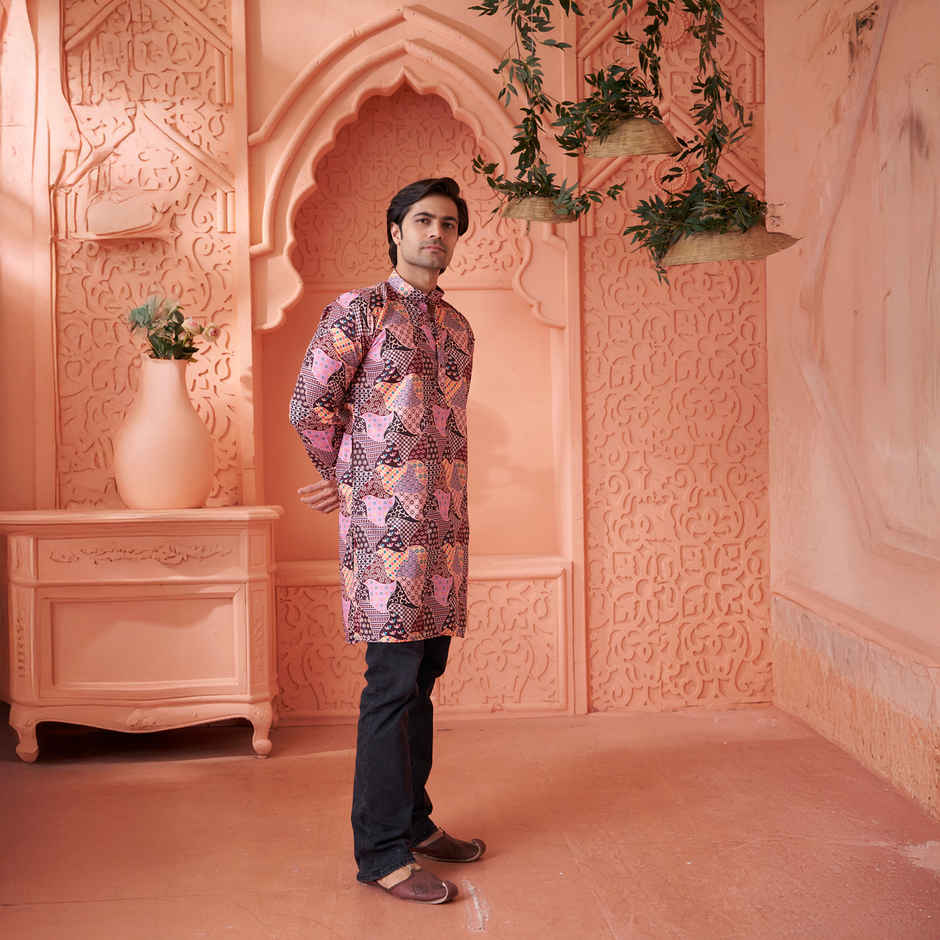 House Of Festivals Men's Printed Cotton Blend Long Kurta | Multicolor - XL