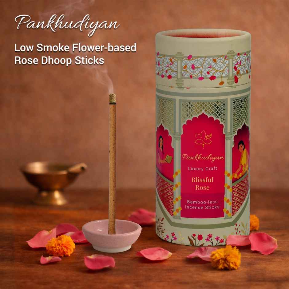 Pankhudiyan Rose Flower-based Low Smoke Bambooless Dhoopsticks (Sticks + Ceramic Holder)