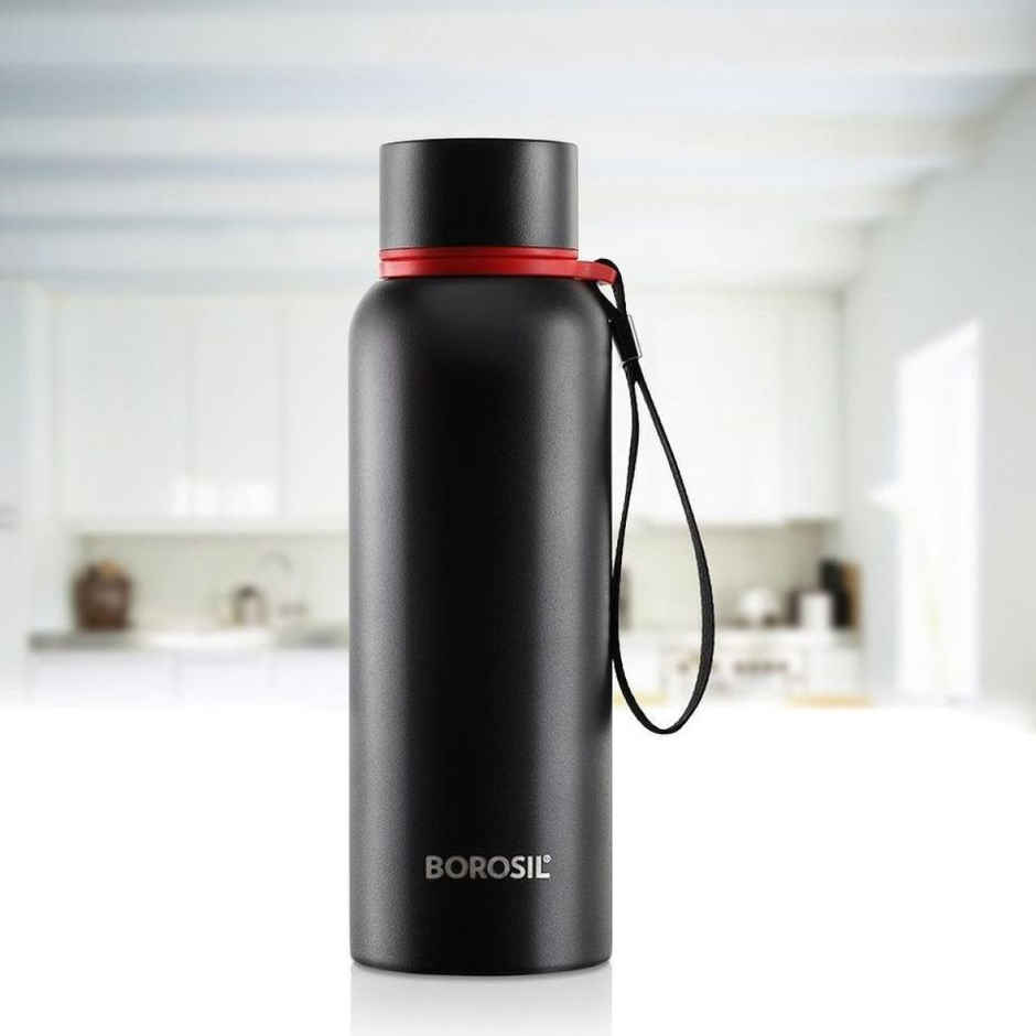 Borosil Hydra Trek Water Bottlw - 700 ml | Black | Stainless Steel Double Wall Vacuum Insulated Flask