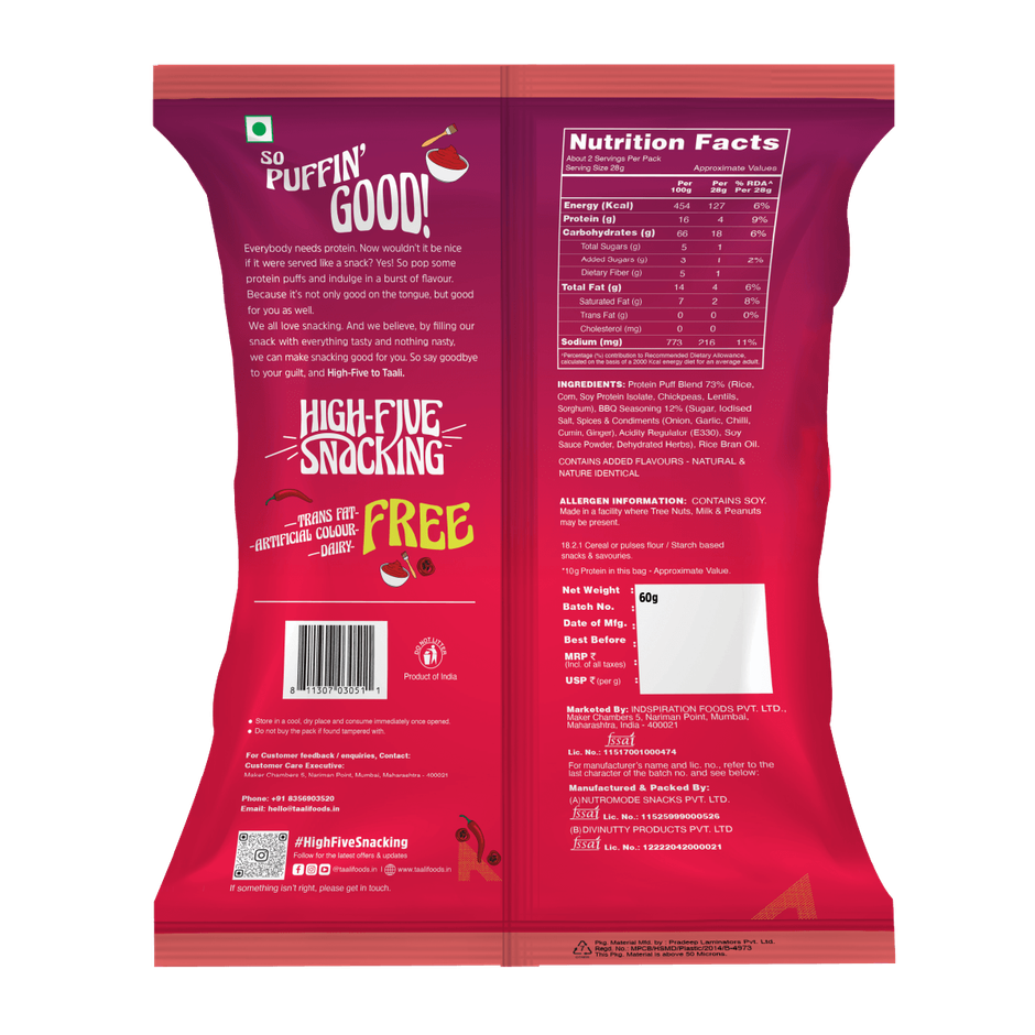 Taali Protein Puffs | Smoky Barbeque Snack, Roasted, Corn & Jowar Puff, No Maida