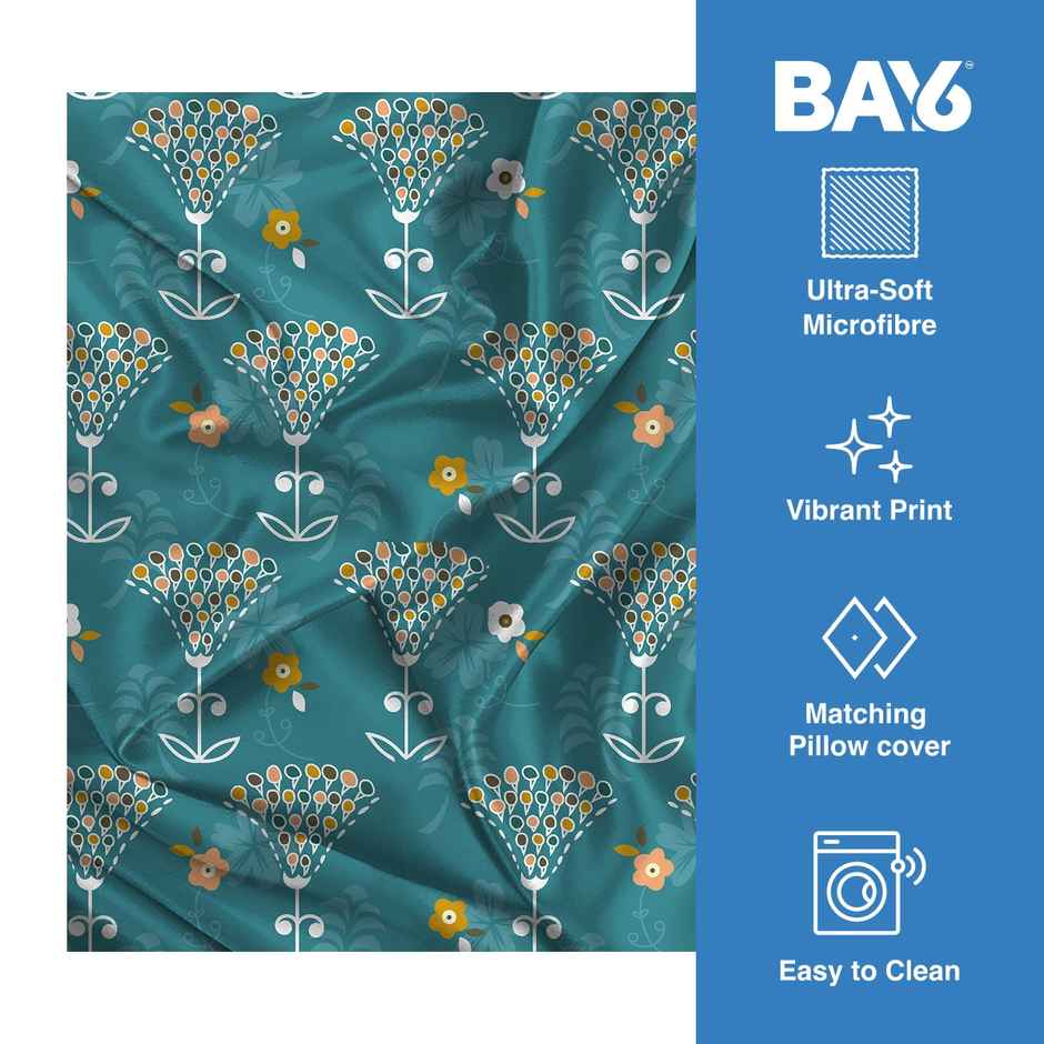 BAY6 Microfibre Floral Print Single Bedsheet with 1 Pillow Cover |Turquoise | 59 x 87 in