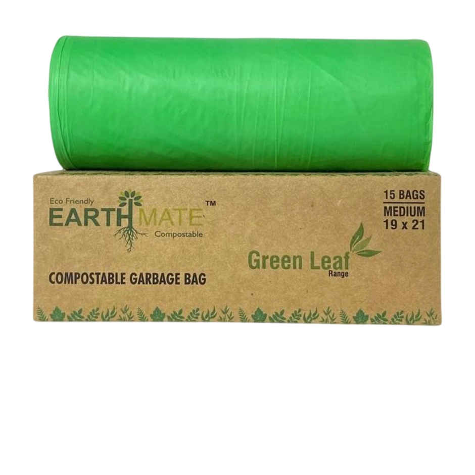 Earthmate Green Leaf Compostable Garbage Bags - Green Medium | 19 x 21 Inch