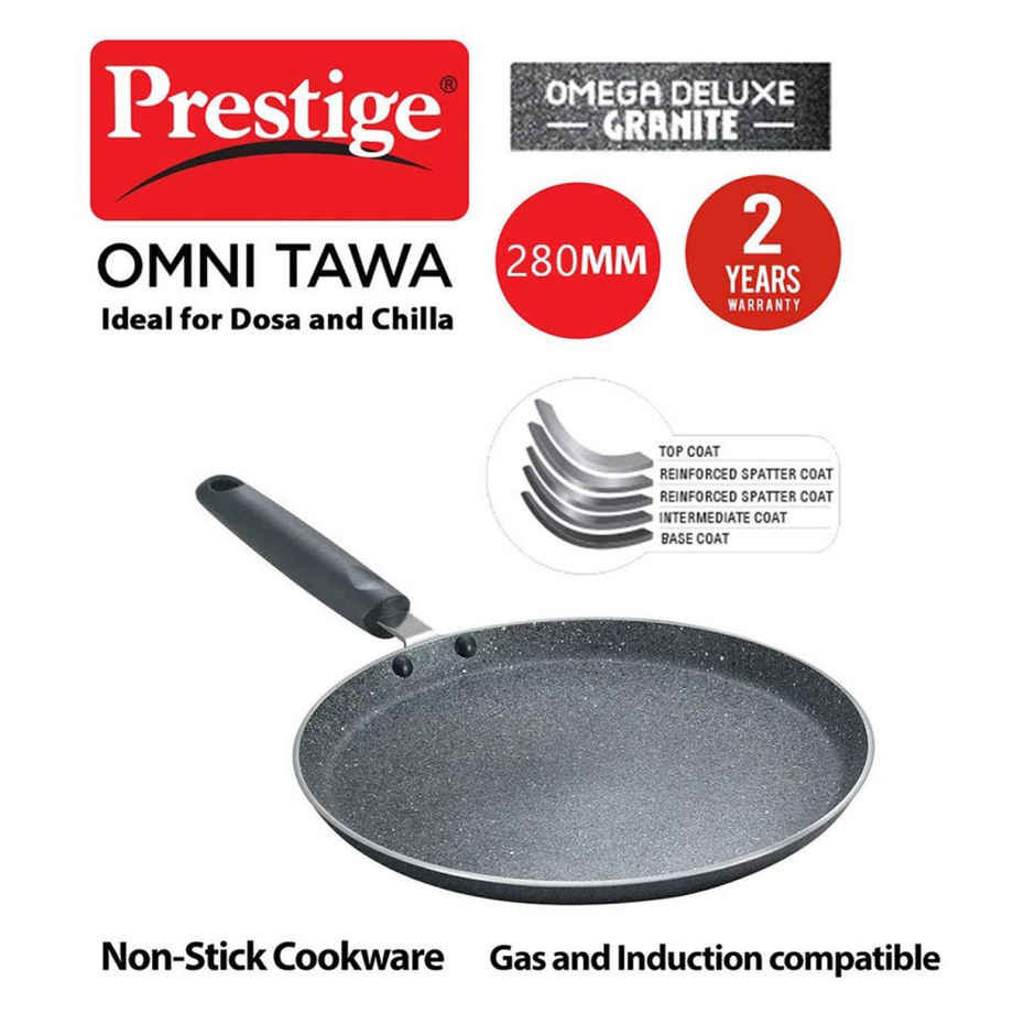 Prestige Omega Deluxe Aluminium Non-Stick Granite Cookware Omni Tawa 28cm,Stain Free Interior,Black