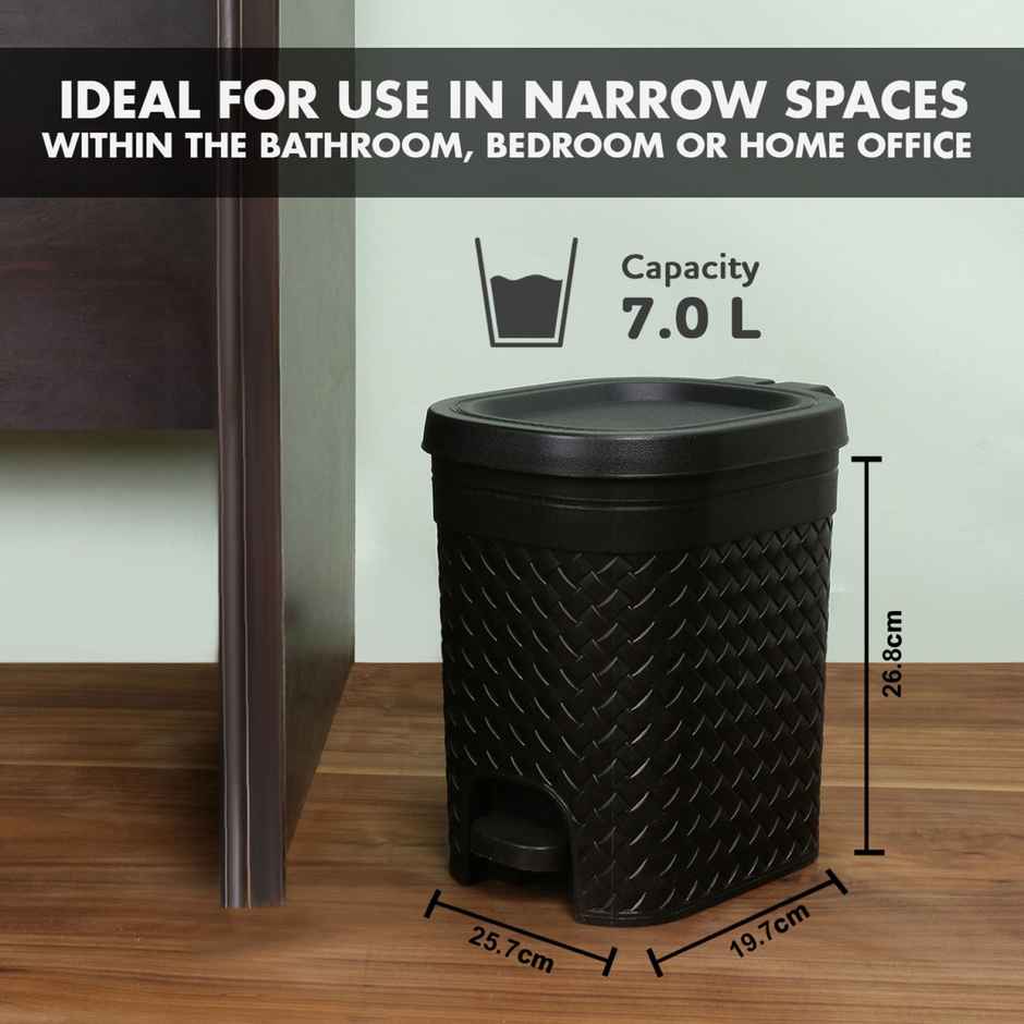 Kolorr Stitch 7 Liters Plastic Pedal Medium Dustbin With Lid And Inner Bucket,Kitchen,Office -Black