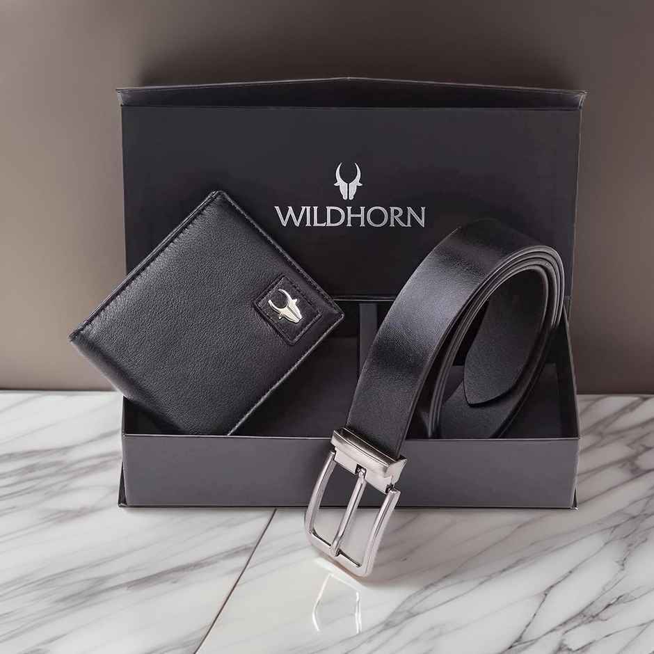 Wildhorn Men's Solid Genuine Leather Wallet and Belt Combo | Black - Free Size