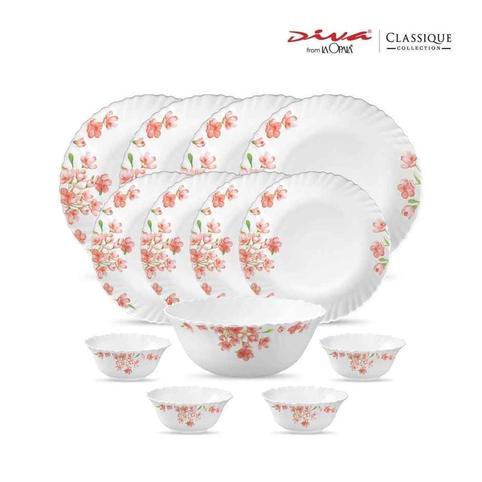 La Opala Diva Classique Dinner Set | Opal Glass Crockery for Dining | 13 Pcs - Aster Pink