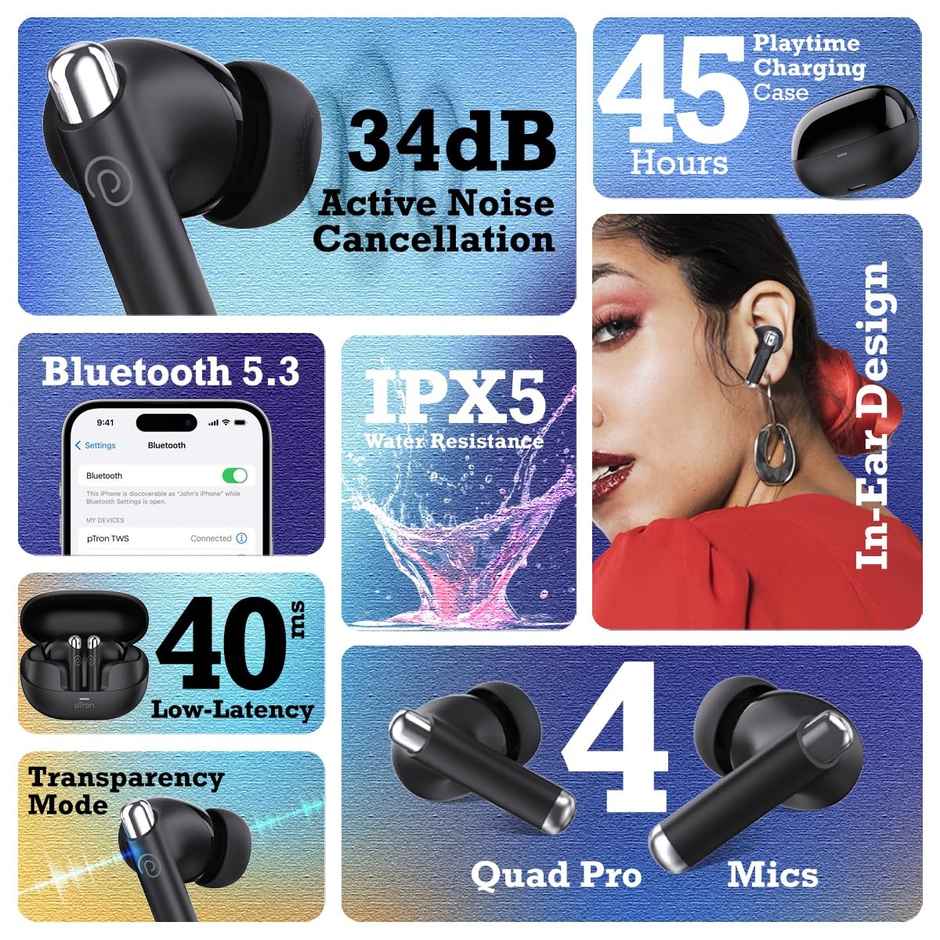 pTron Zenbuds Evo X5 34dB ANC TWS Earbuds | 4 Mic ENC Calls | 45H Playtime | 40ms Low-Latency - Black