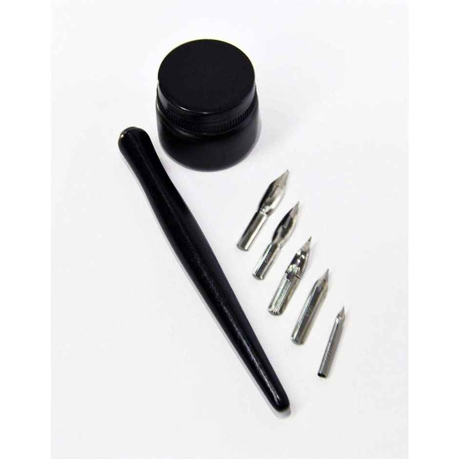 Chrome Manga Calligraphy Dip Pen Set With Universal Nib Holder And 5 Nibs