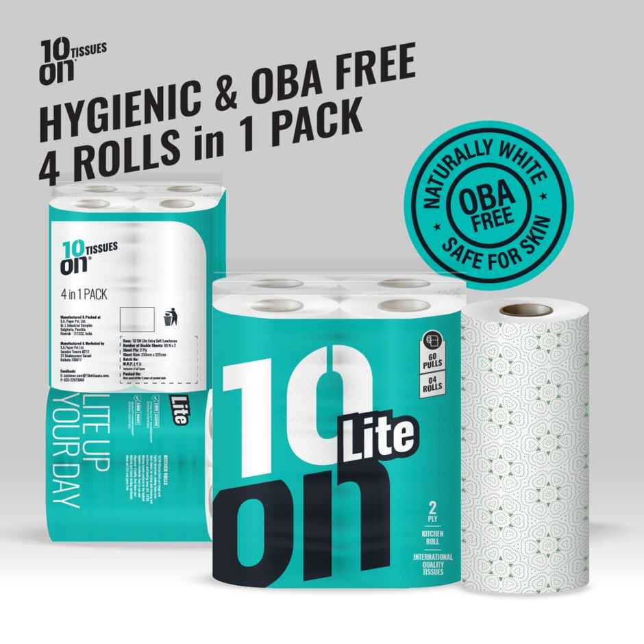 10On Lite Kitchen Towel | Pack Of 4|(60 Pulls x 4 Roll)
