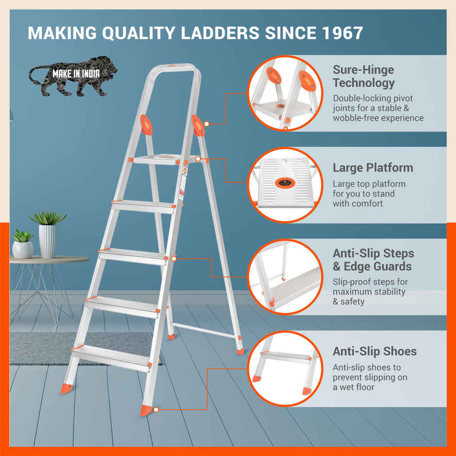 Bathla 5-Step Aluminium Foldable Ladder | Anti-Slip,Heavy Duty,Scratch Resistant | Advance | Orange