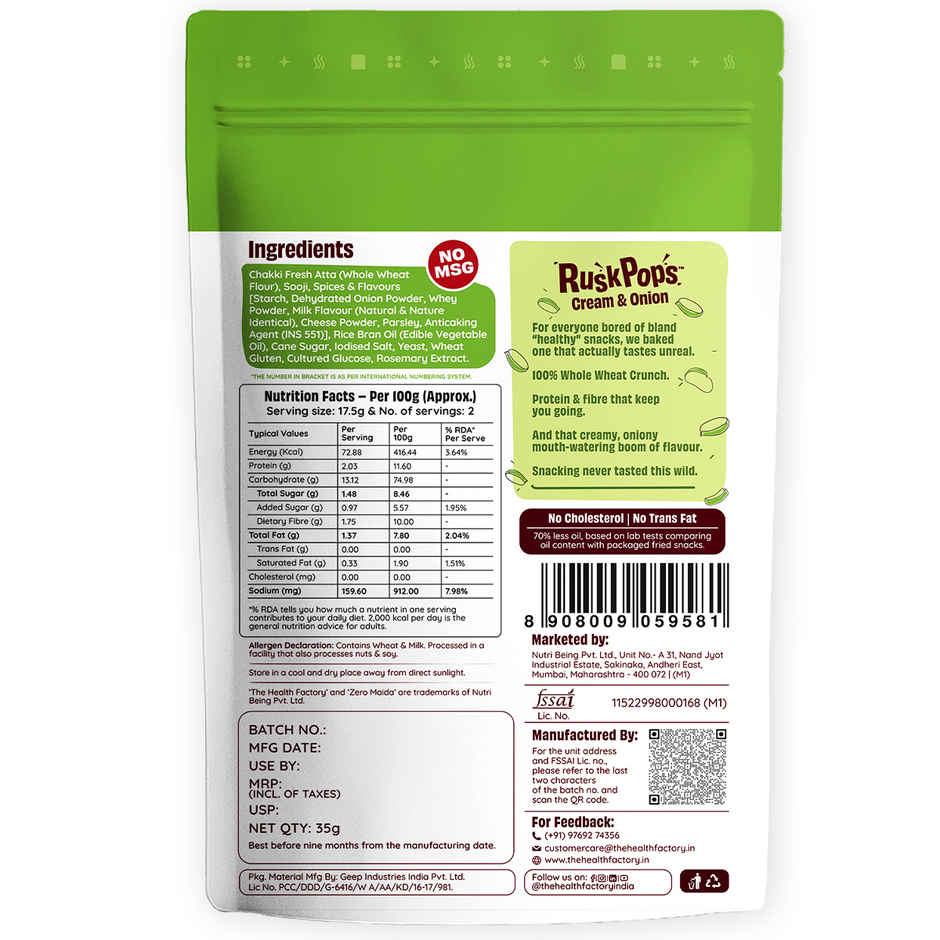 The Health Factory Rusk Pops-Cream & Onion (Zero Maida)