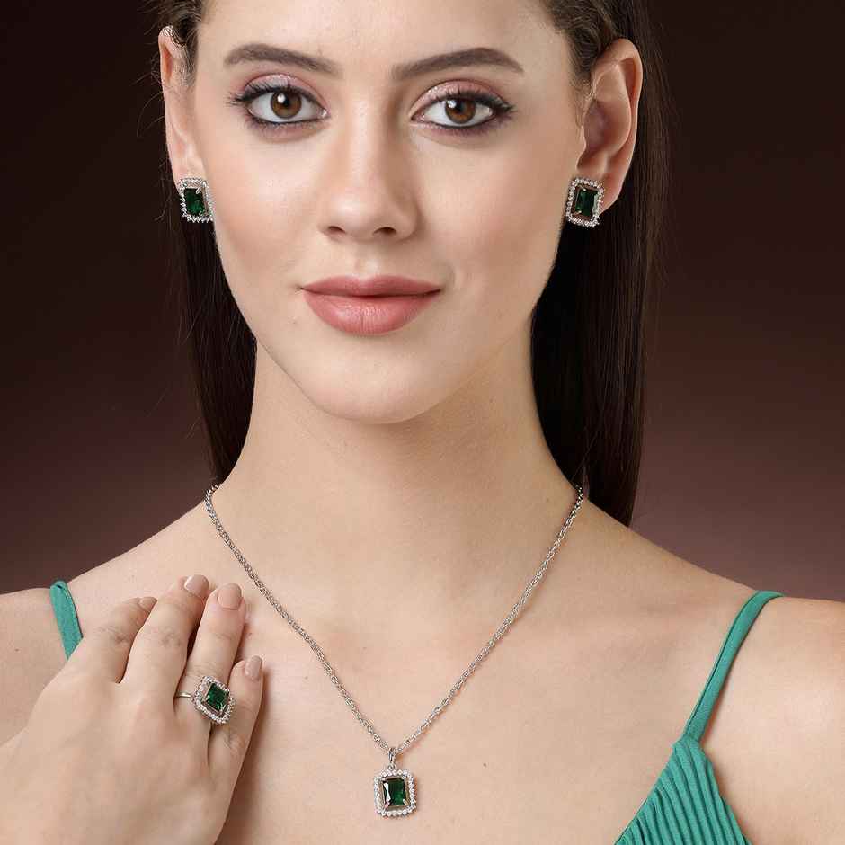 Zeneme Rhodium Plated AD Studded Princess Cut Crytsal Green Necklace Earrings Ring For Women
