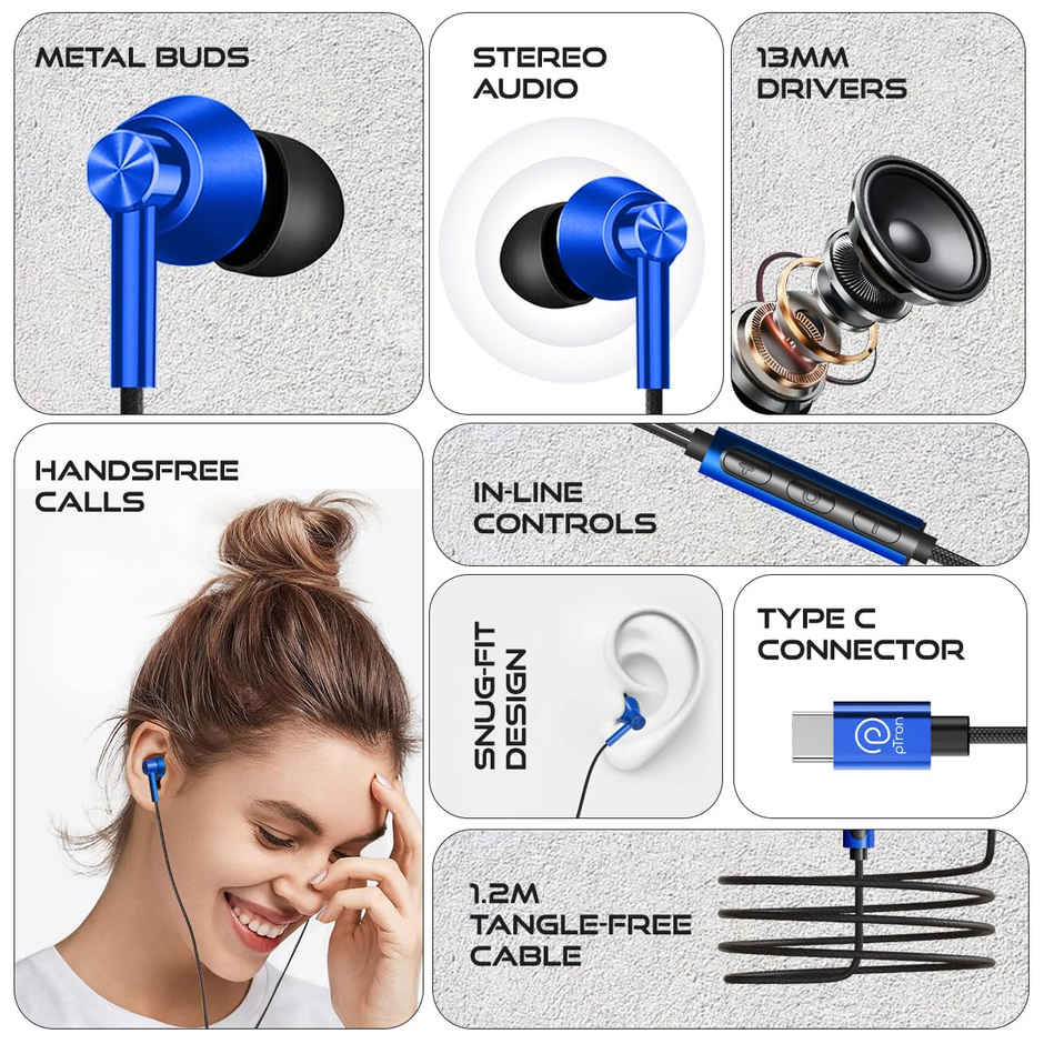 pTron Boom Play Type-C Wired Earphones Stereo Sound In-Line Mic Metal Buds 1.2M Long - Blue