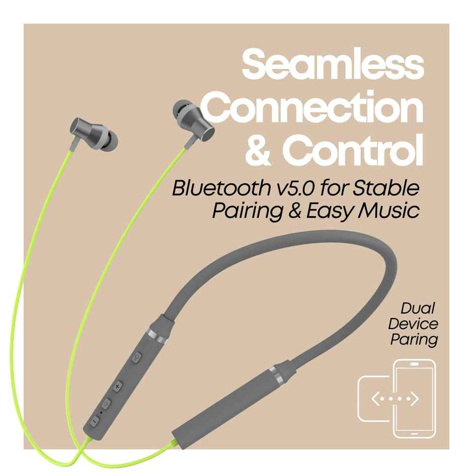 pTron Tangentbeat Bluetooth Neckband | Hd Calls | 18H Playtime | Sound Dual Device Pairing - Green Grey