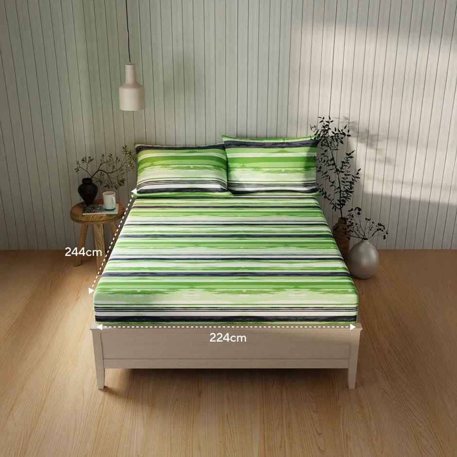 Kopa Extra Smooth Cotton Double Bedsheet With 2 Pillow Covers | Set of 3 | Stripe | Lime, Green