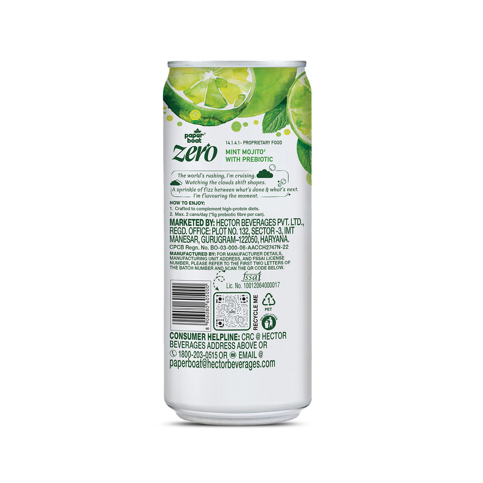 Paper Boat Zero Prebiotic Soda Mint Mojito,  5g Fibre, Caffeinated Sugar Free Cold Drink Combo