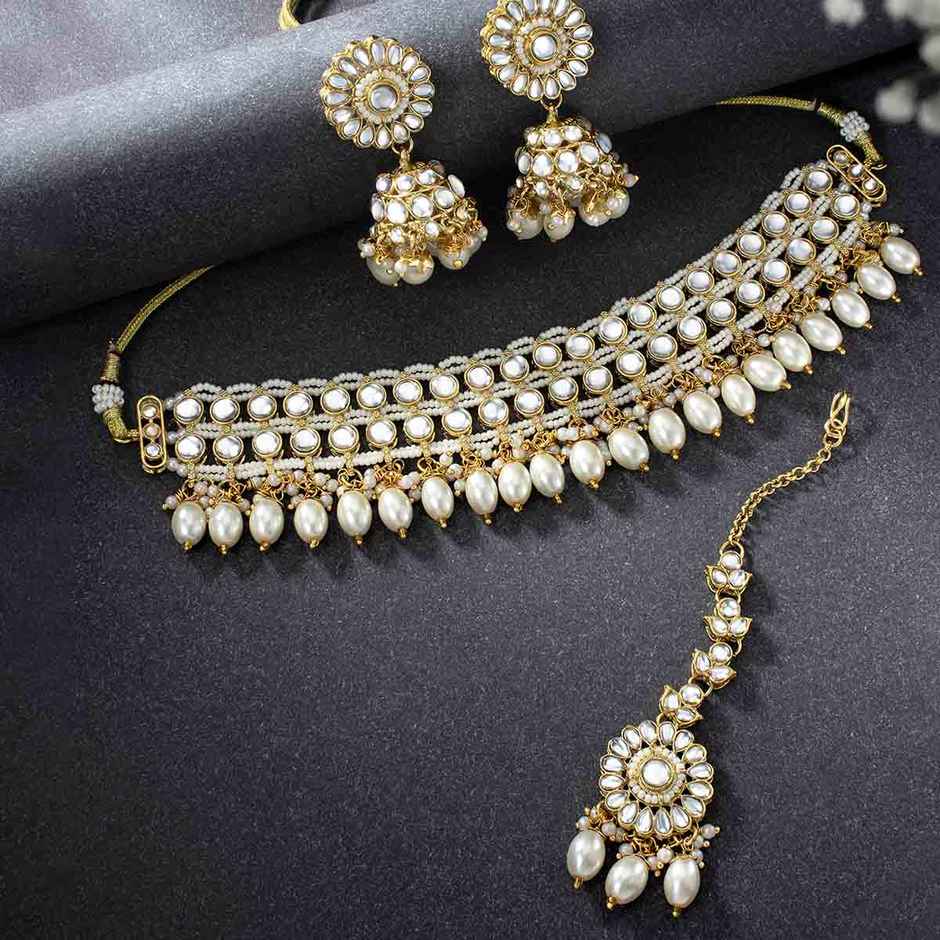 Peora Gold Plated White Kundan Choker Necklace with Jhumki Earrings & Maang Tikka Ethnic Jewelry