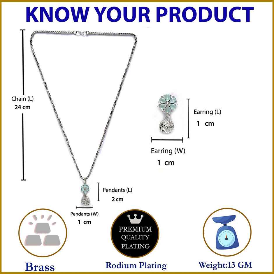 Zeneme Rhodium-Plated Sea Green CZ-AD Floral Cute Pendant Earrings Jewellery Set For Women & Girl
