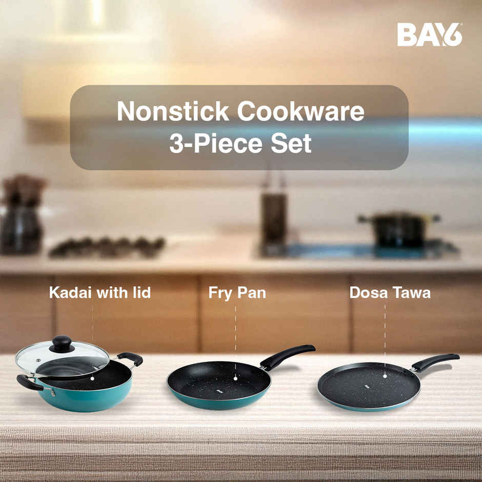BAY6 NonStick Cookware Set (Dosa Tawa 26 cm + Fry Pan 24 cm + Kadai 22 cm with Glass Lid 3 mm) - Teal