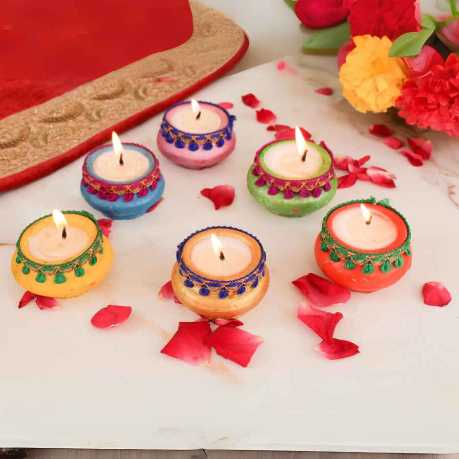 Festive Earthen Matki Diyas Set | Multicolour | Pack Of 6 | Traditional | Mitti Diya-Pooja | Clay | Walton