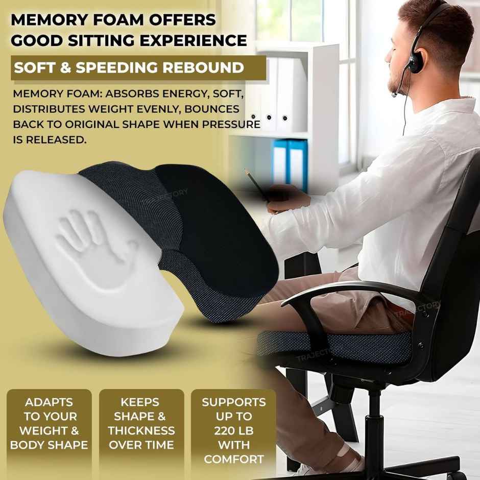 Trajectory Memory Foam Coccyx Seat Cushion For Tailbone Pain | Office Chair & Car Seat Pillow (1pc) & Trajectory Car Headrest Pillow In Memory Foam For Orthopedic | Neck Pain Pillow (1pc) Combo