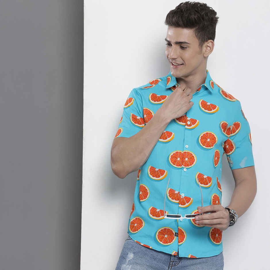 The Indian Garage Co Men's Slim Fit Tropical Casual Half Sleeve Shirt | Turquoise Blue - XL